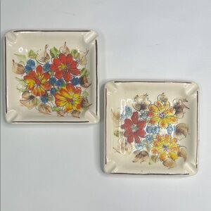 Ashtrays Vintage Hand Painted Ceramic Made in Brazil Set of 2 Vibrant Floral